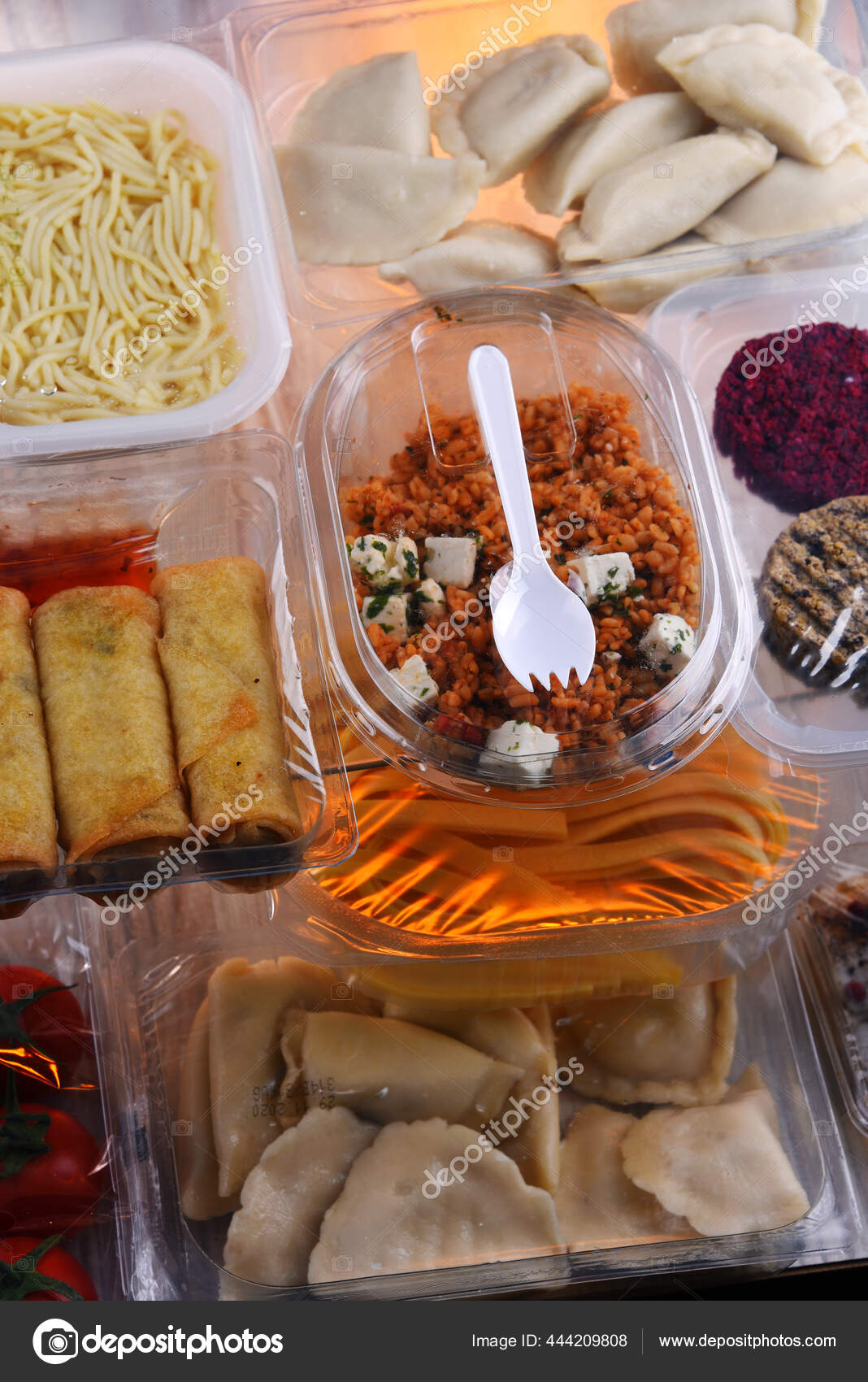 Variety Prepackaged Food Products Plastic Boxes Stock Photo by