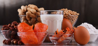 Yumurta, süt, soya, fıstık, fındık, balık, deniz ürünleri ve buğday unu gibi ortak gıda alerjisi olan bileşim