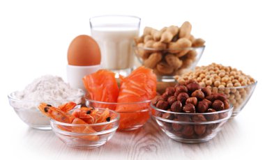 Yumurta, süt, soya, fıstık, fındık, balık, deniz ürünleri ve buğday unu gibi ortak gıda alerjisi olan bileşim