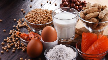 Yumurta, süt, soya, fıstık, fındık, balık, deniz ürünleri ve buğday unu gibi ortak gıda alerjisi olan bileşim