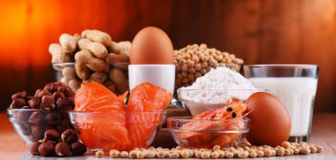 Yumurta, süt, soya, fıstık, fındık, balık, deniz ürünleri ve buğday unu gibi ortak gıda alerjisi olan bileşim