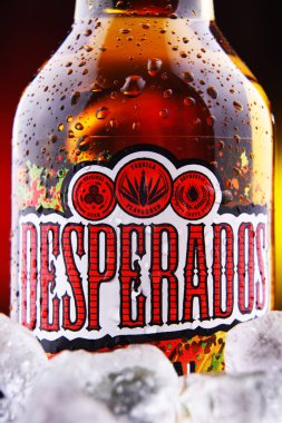 POZNAN, POL - 18 Şubat 2021: Heineken tarafından üretilen ve 50 'den fazla ülkede satılan, tekila ile tatlandırılmış bir şişe Desperados soluk birası. 