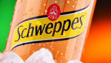 POZNAN, POL - 25 Şubat 2021: Bir kutu Schweppes, bir İsviçre meşrubat markası, 1783 yılında tanıtıldı ve dünya çapında satıldı