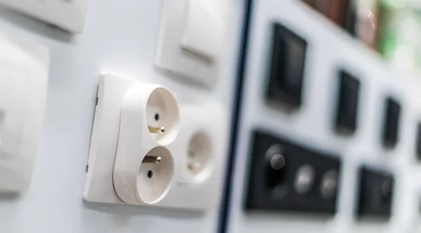 Electric Sockets Switches Presented Electrical Goods Store — Stock Photo, Image