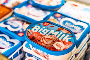 POZNAN, POL - 13 APR 2021: Ticari bir buzdolabında satışa sunulan Cezayirli dondurma ürünleri