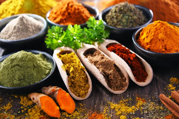 Variety Spices Wooden Kitchen Table — Stock Photo, Image