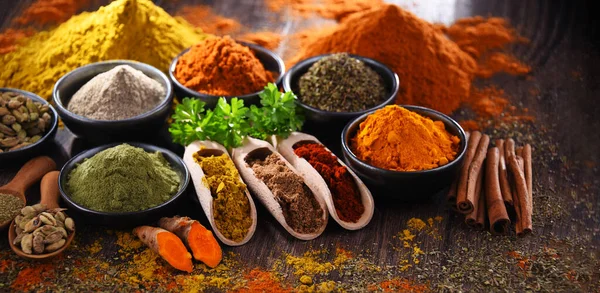 Variety Spices Wooden Kitchen Table — Stock Photo, Image