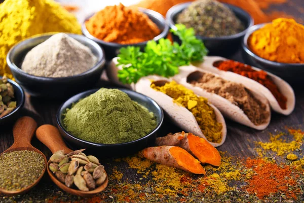 Variety Spices Wooden Kitchen Table — Stock Photo, Image