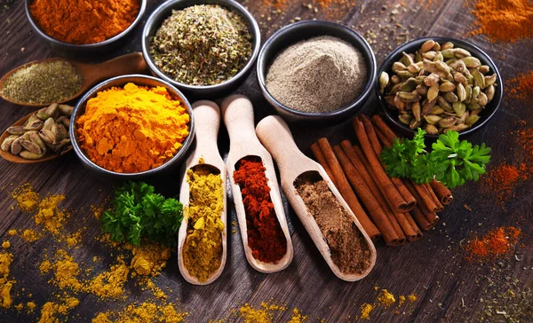 Variety Spices Wooden Kitchen Table — Stock Photo, Image