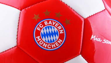 POZNAN, POL - MAY 7, 2021: Logo of FC Bayern Munchen football club depicted on a leather soccer ball