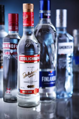 POZNAN, POL - 12 Mayıs 2021: Çeşitli küresel votka şişeleri