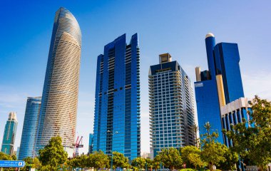 ABU DHABI, UNITED ARAB EMIRATES - FEB 13, 2019: Modern architecture of downtown Abu Dhabi, United Arab Emirates
