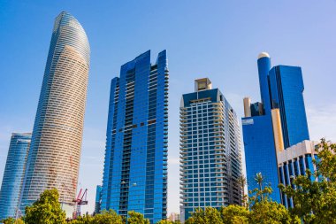 ABU DHABI, UNITED ARAB EMIRATES - FEB 13, 2019: Modern architecture of downtown Abu Dhabi, United Arab Emirates