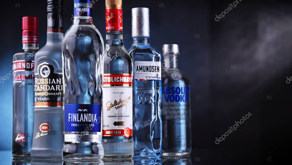 POZNAN, POL - MAY 12, 2021: Bottles of assorted global vodka brands