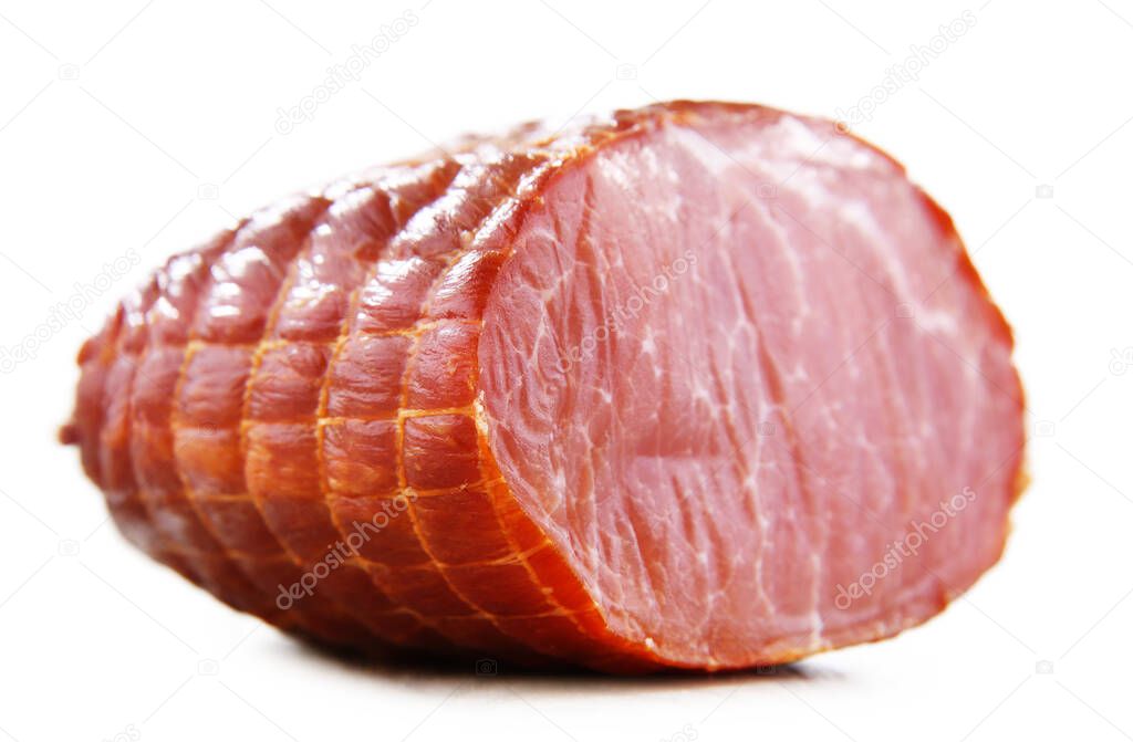 Piece of smoked ham isolated on white background. Meatworks product