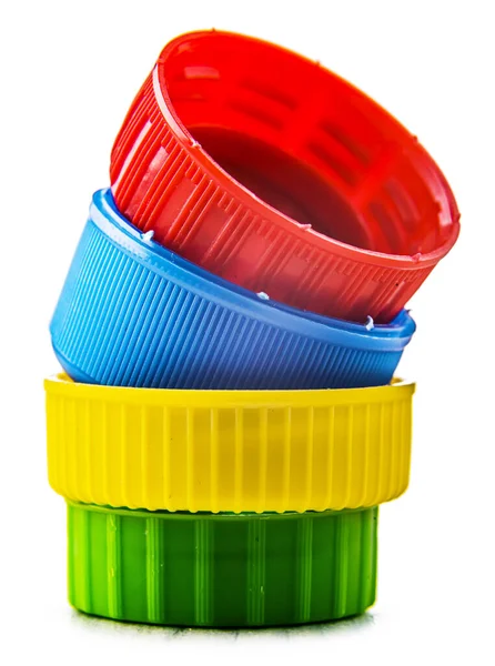 Colorful Plastic Bottle Caps Isolated White Recycling — Stock Photo, Image