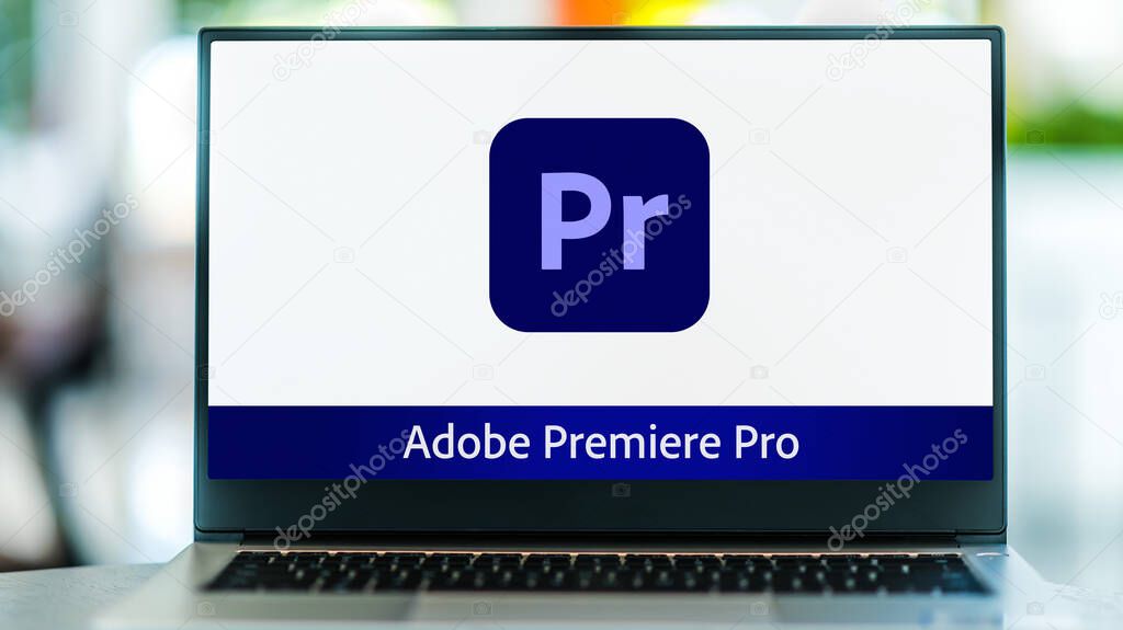 POZNAN, POL - MAY 15, 2021: Laptop computer displaying logo of Adobe Premiere Pro, a timeline-based video editing software application developed by Adobe Systems