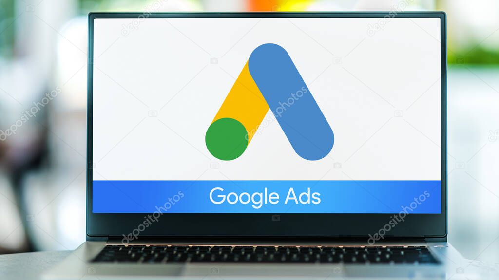 POZNAN, POL - MAY 1, 2021: Laptop computer displaying logo of Google Ads, an online advertising platform developed by Google