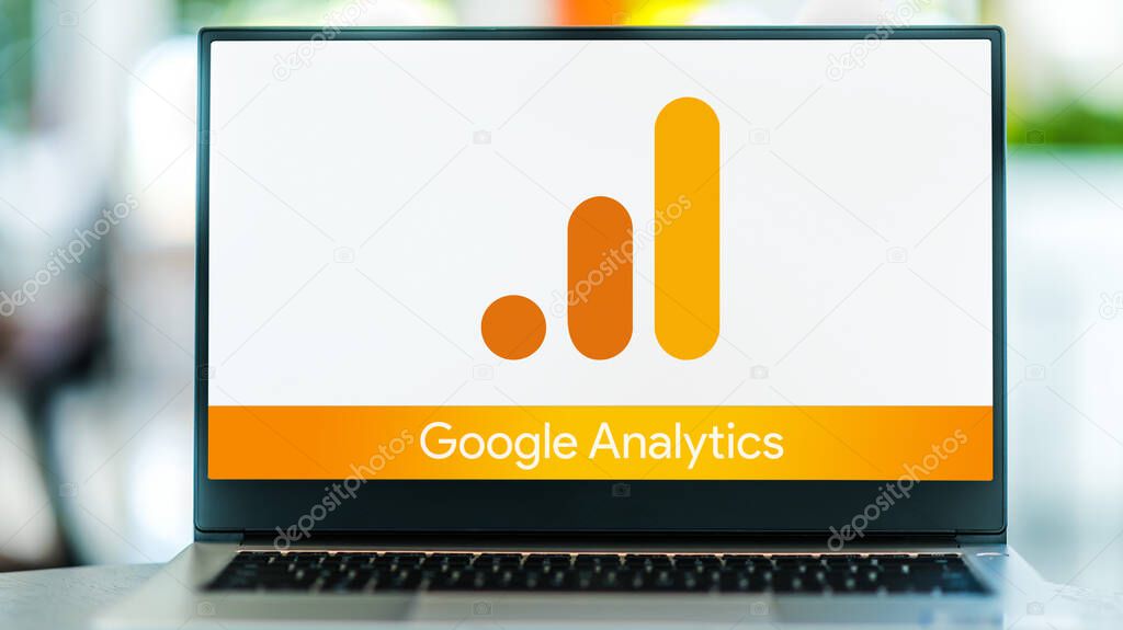 POZNAN, POL - MAY 1, 2021: Laptop computer displaying logo of Google Analytics, a web analytics service offered by Google that tracks and reports website traffic