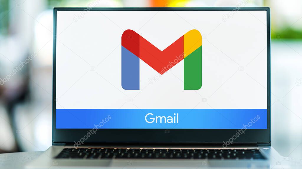 POZNAN, POL - MAY 1, 2021: Laptop computer displaying logo of Gmail, a free email service developed by Google