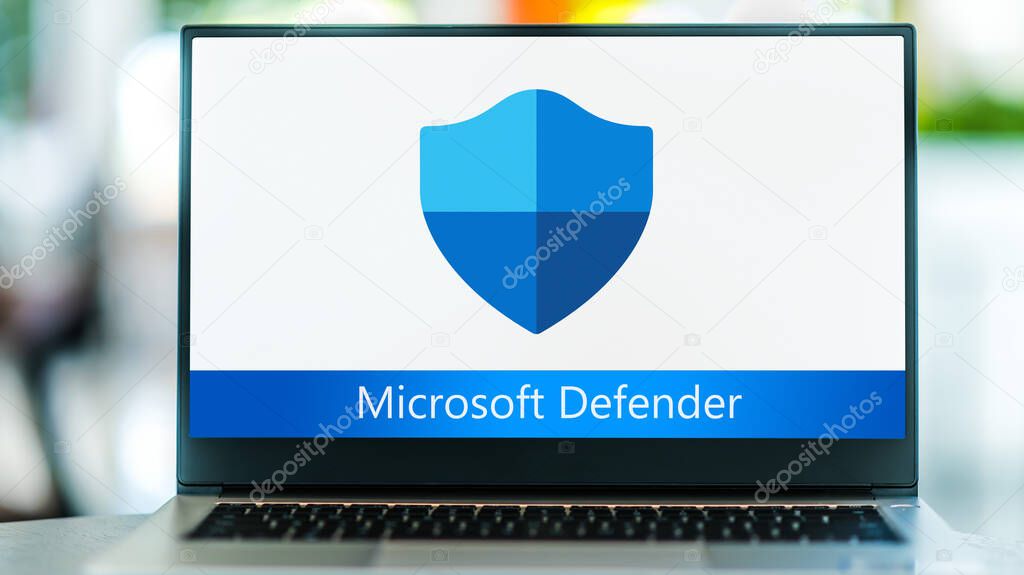 POZNAN, POL - MAY 15, 2021: Laptop computer displaying logo of Microsoft Defender Antivirus, an anti-malware component of Microsoft Windows