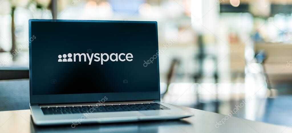 POZNAN, POL - SEP 23, 2020: Laptop computer displaying logo of Myspace, an American social networking service