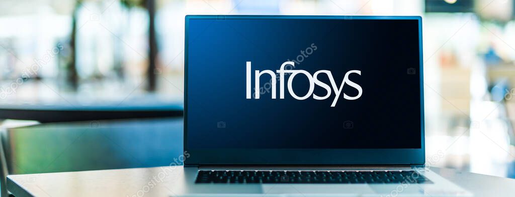 POZNAN, POL - SEP 23, 2020: Laptop computer displaying logo of Infosys, an Indian multinational corporation that provides business consulting, information technology and outsourcing services