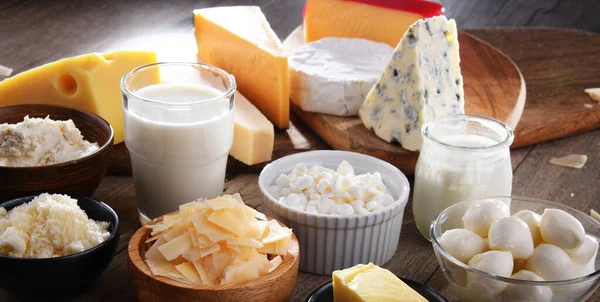 A variety of dairy products including cheese, milk and yogurt.