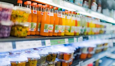 POZNAN, POL - 22 Haziran 2021: Ticari bir buzdolabında satışa sunulan çeşitli soğuk içecek ürünleri