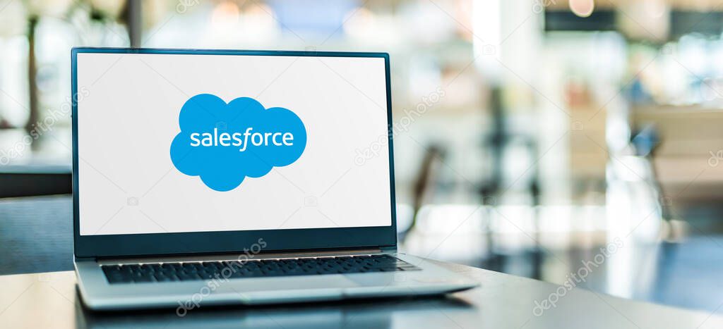 POZNAN, POL - SEP 23, 2020: Laptop computer displaying logo of Salesforce.com, an American cloud-based software company. It provides customer relationship management (CRM) service