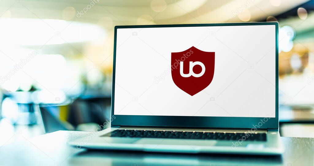 POZNAN, POL - APR 15, 2021: Laptop computer displaying logo of uBlock Origin, a free and open-source, cross-platform browser extension for content-filtering, including ad-blocking