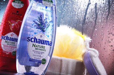 POZNAN, POL - OCT 23, 2020: Schwarzkopf ürünleri şişeleri, Alman kimyager Hans Schwarzkopf tarafından 1927 yılında geliştirilen ilk sıvı şampuan markası.