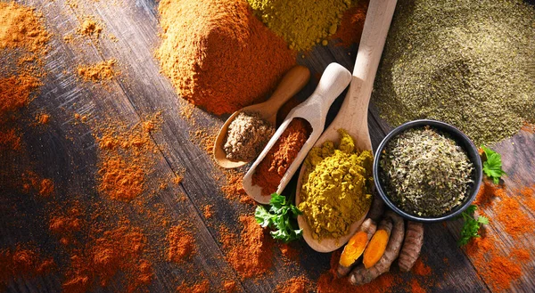 Composition Spices Wooden Kitchen Table — Stock Photo, Image