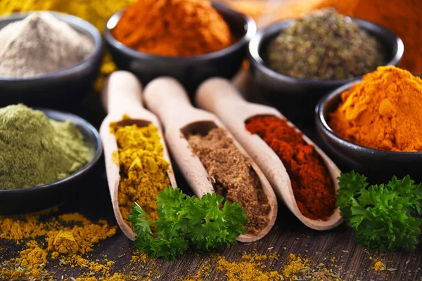 Variety Spices Wooden Kitchen Table — Stock Photo, Image