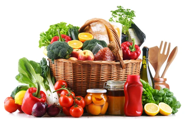 Wicker Basket Assorted Grocery Products Including Fresh Vegetables Fruits Stock Photo