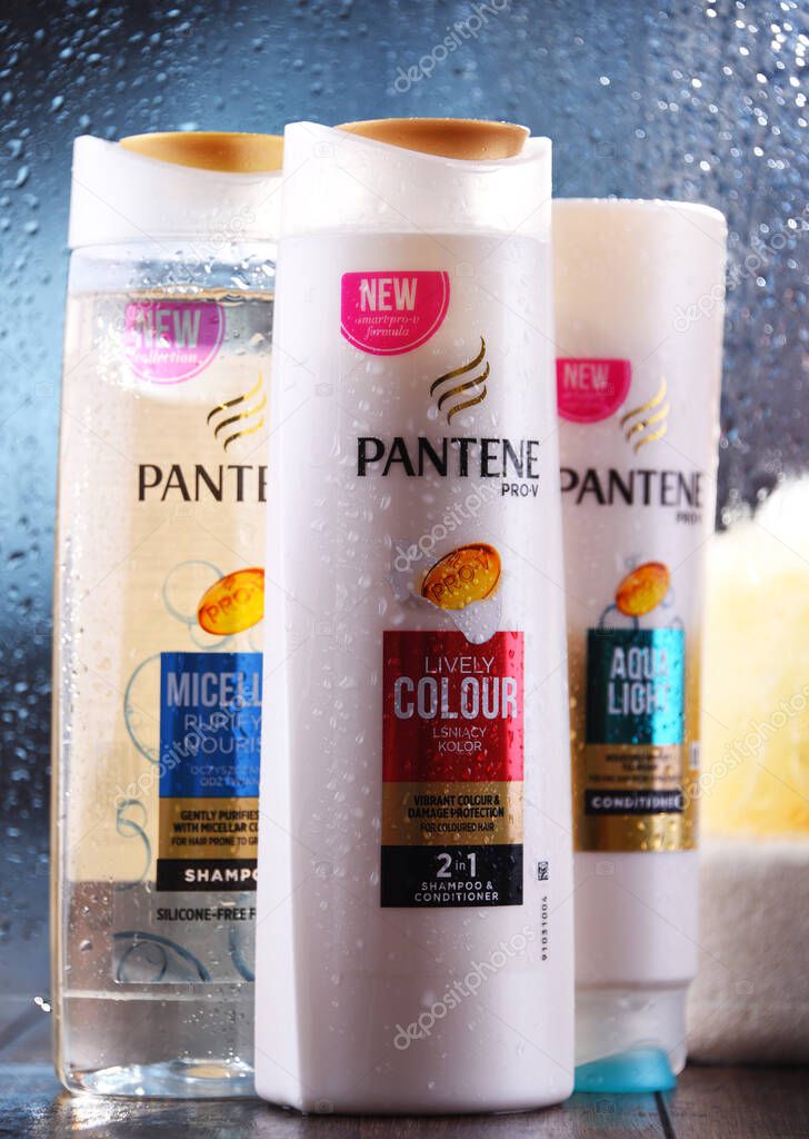 POZNAN, POL - OCT 23, 2020: Bottles of Pantene shampoo, popular brand of hair care products owned by Procter & Gamble.