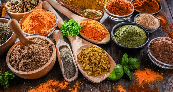 Variety Spices Wooden Kitchen Table — Stock Photo, Image