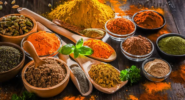 Variety Spices Wooden Kitchen Table — Stock Photo, Image