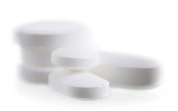 Komposisi Dengan Pil Obat Farmasi Atas Latar Belakang Putih — Stok Foto