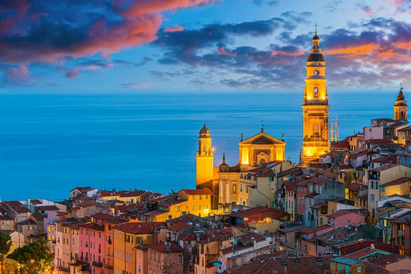 Architettura Della Città Vecchia Mentone Sulla Costa Azzurra Dopo Tramonto — Foto Stock