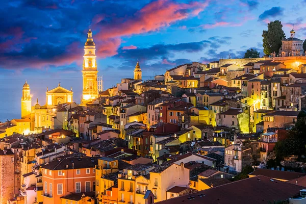 Arquitectura Del Casco Antiguo Menton Riviera Francesa Después Del Atardecer —  Fotos de Stock