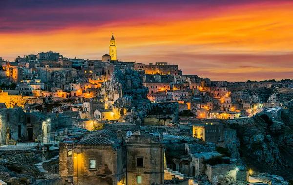 Panoramatický Noční Pohled Materu Basilicata Itálie — Stock fotografie