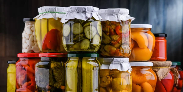 Jars Variety Marinated Vegetables Fruits Preserved Food — Stock Photo, Image