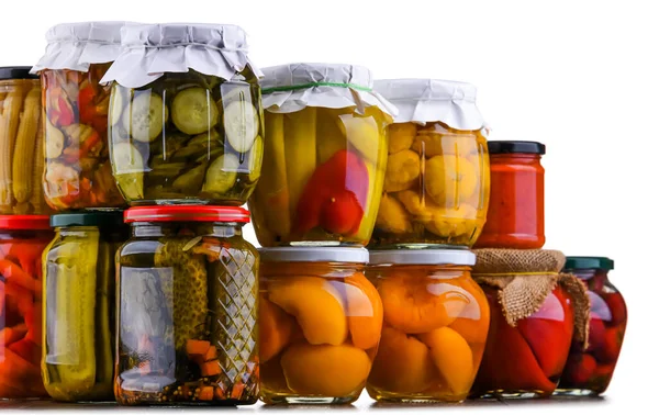Frascos Com Variedade Legumes Frutas Marinadas Alimentos Conservados — Fotografia de Stock