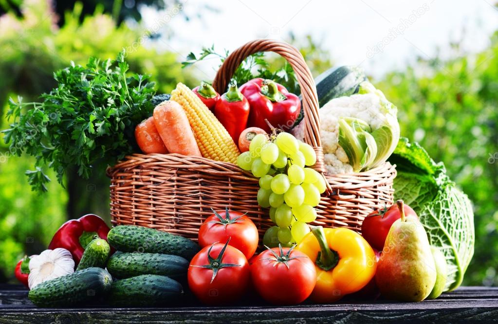 Wicker basket with assorted raw organic vegetables in the garden