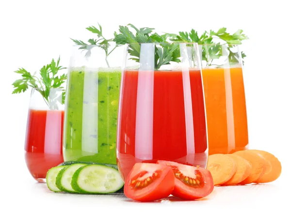 Glasses with fresh vegetable juices isolated on white — Stock Photo, Image