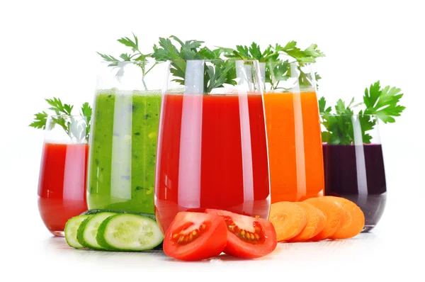 Glasses with fresh vegetable juices isolated on white — Stock Photo, Image