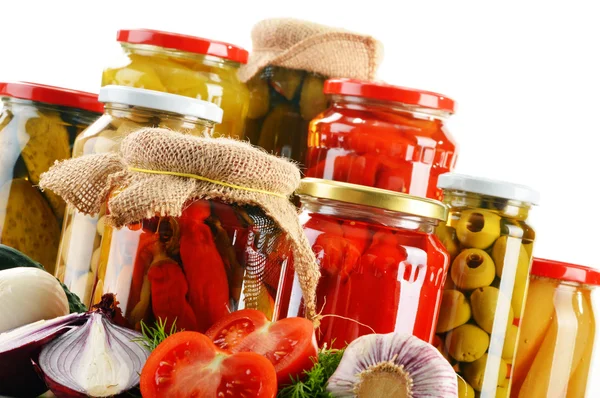 Composition with jars of pickled vegetables. Marinated food — Stock Image Composition with jars of pickled vegetables. Marinated food Stock Image