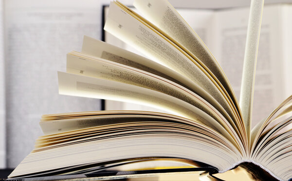 Composition with hardcover books in the library