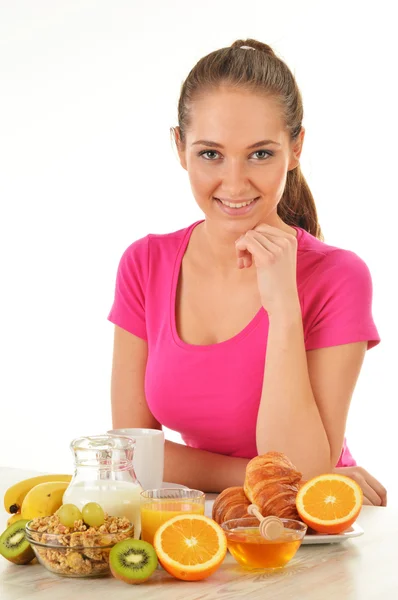 Giovane donna che fa colazione. Dieta equilibrata — Foto Stock